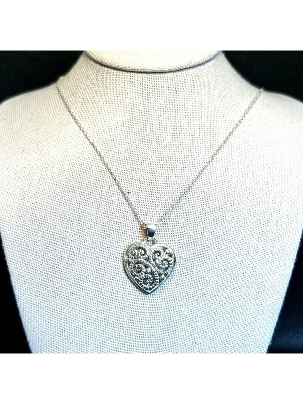 Beaded Sterling Silver 925 Scroll Design Heart Pendant Size 18" Cable Chain